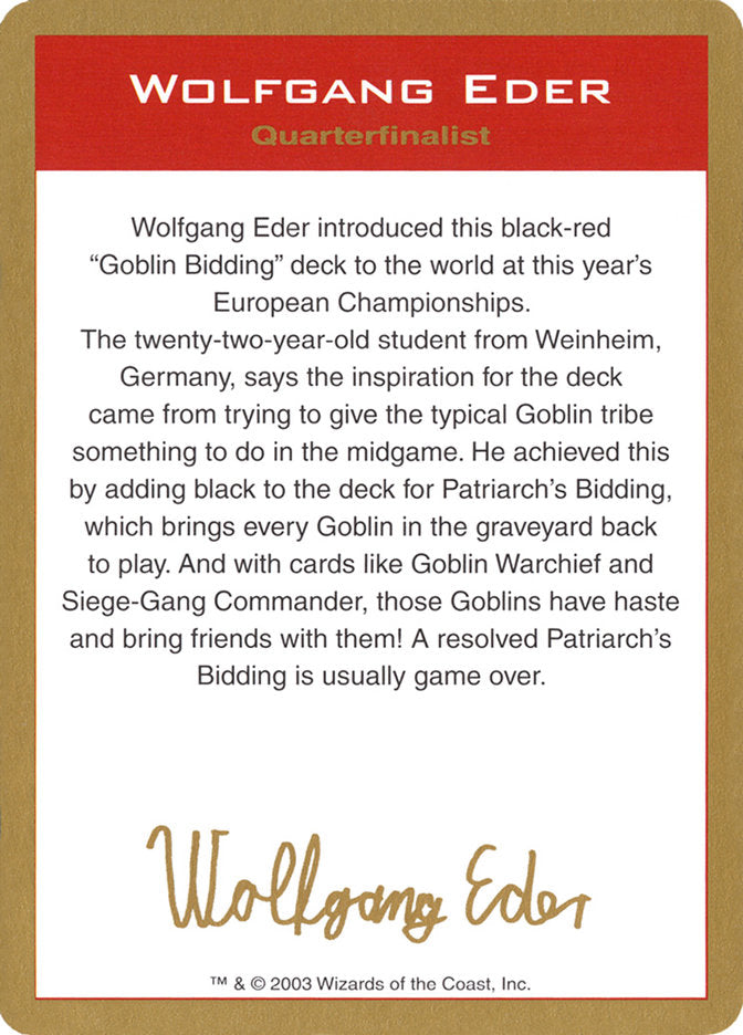 Wolfgang Eder Bio [World Championship Decks 2003] | Total Play