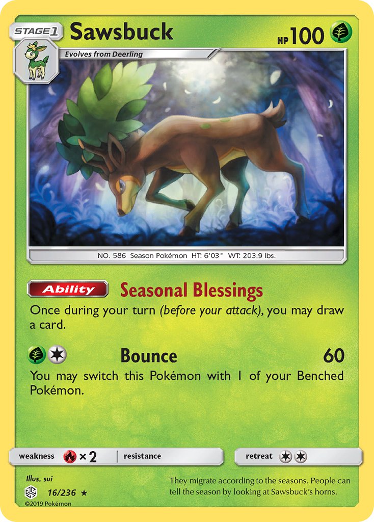 Sawsbuck (16/236) (Prerelease Kit Exclusive) (Theme Deck Exclusive) [Sun & Moon: Cosmic Eclipse] | Total Play