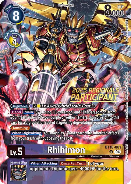 Rhihimon [BT18-081] (2025 Regionals Participant) [Release Special Booster Ver.2.0 Promos] | Total Play