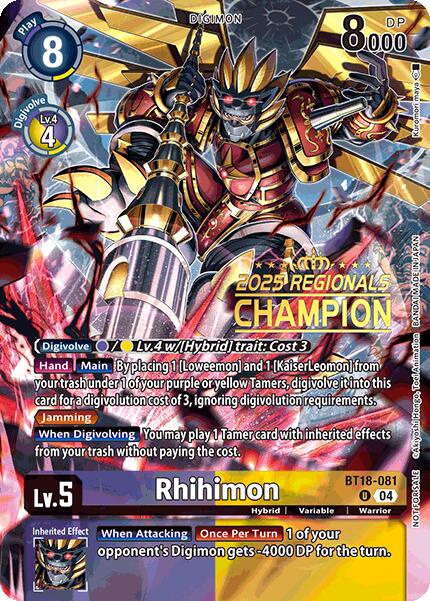 Rhihimon [BT18-081] (2025 Regionals Champion) [Release Special Booster Ver.2.0 Promos] | Total Play