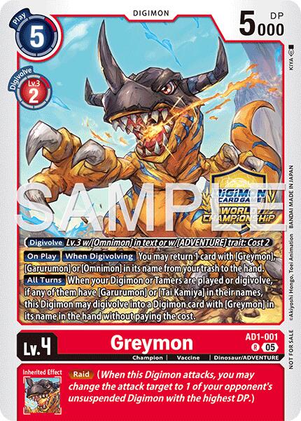 Greymon [AD1-001] - AD1-001 (World Championship 26–27 Regionals Season 1) [Advanced Booster Digimon Generation] | Total Play