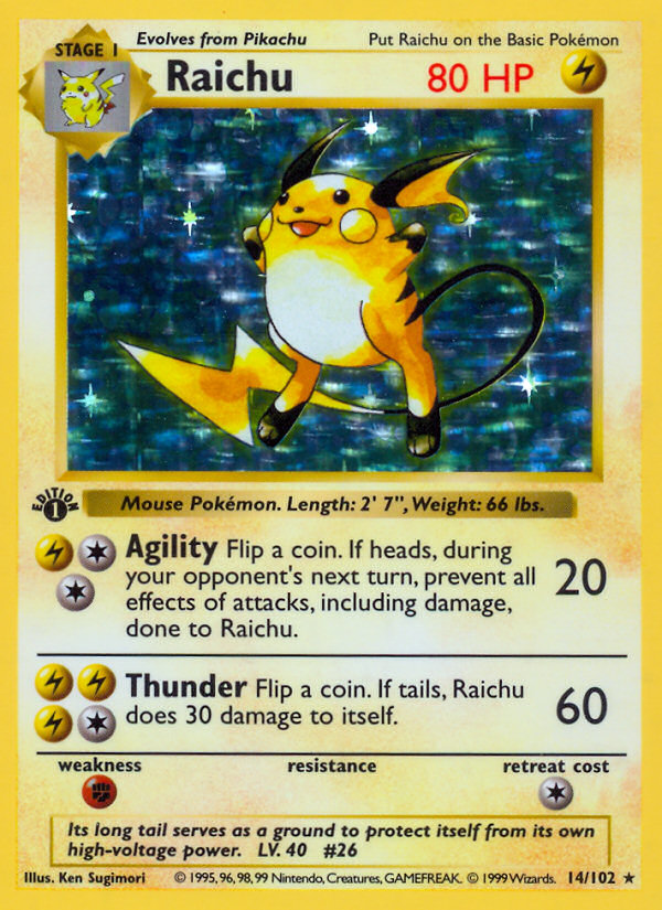 Raichu (14/102) (Shadowless) [Base Set 1st Edition] | Total Play