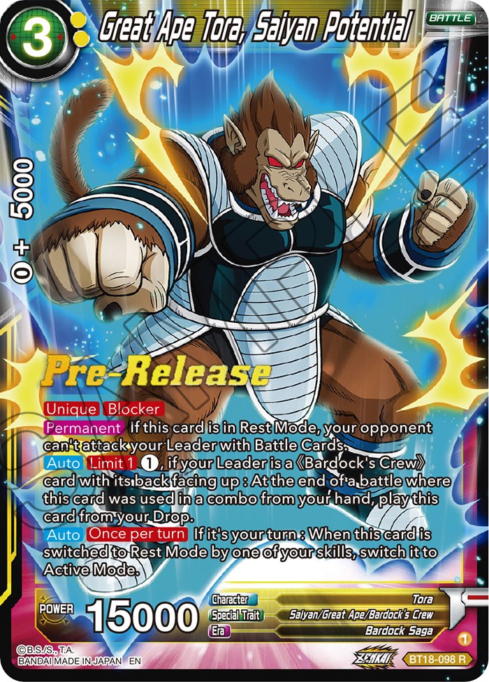 Great Ape Tora, Saiyan Potential (BT18-098) [Dawn of the Z-Legends Prerelease Promos] | Total Play