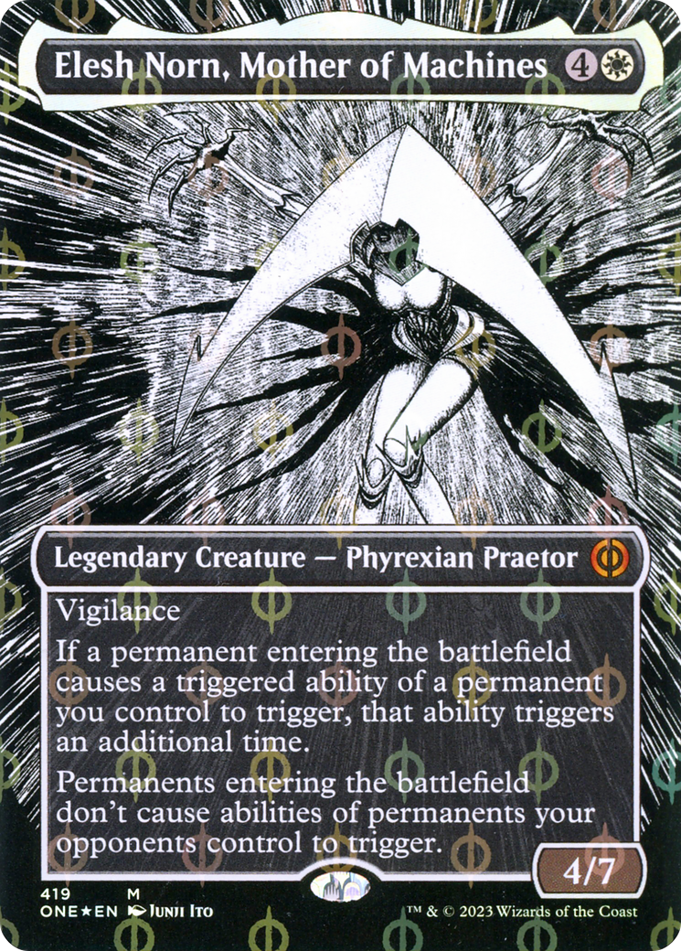 Elesh Norn, Mother of Machines (Borderless Manga Step-and-Compleat Foil) [Phyrexia: All Will Be One] | Total Play