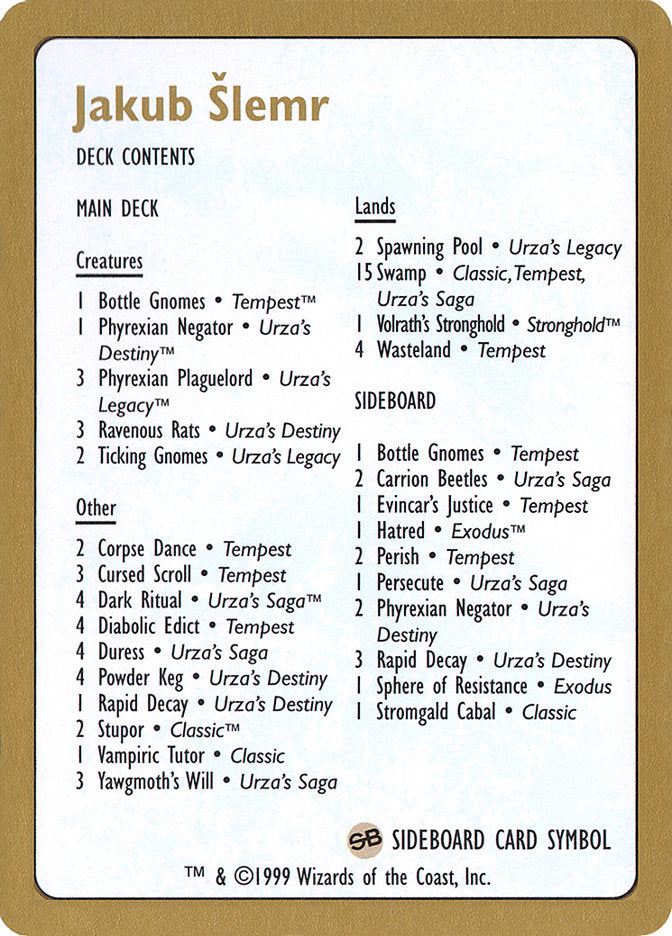 Jakub Slemr Decklist [World Championship Decks 1999] | Total Play