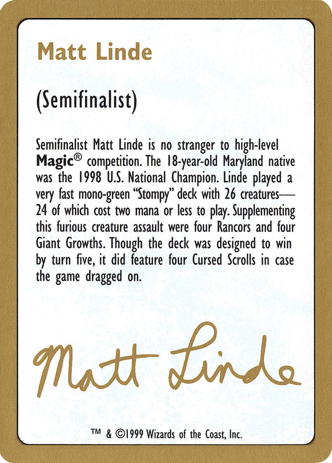 Matt Linde Bio [World Championship Decks 1999] | Total Play