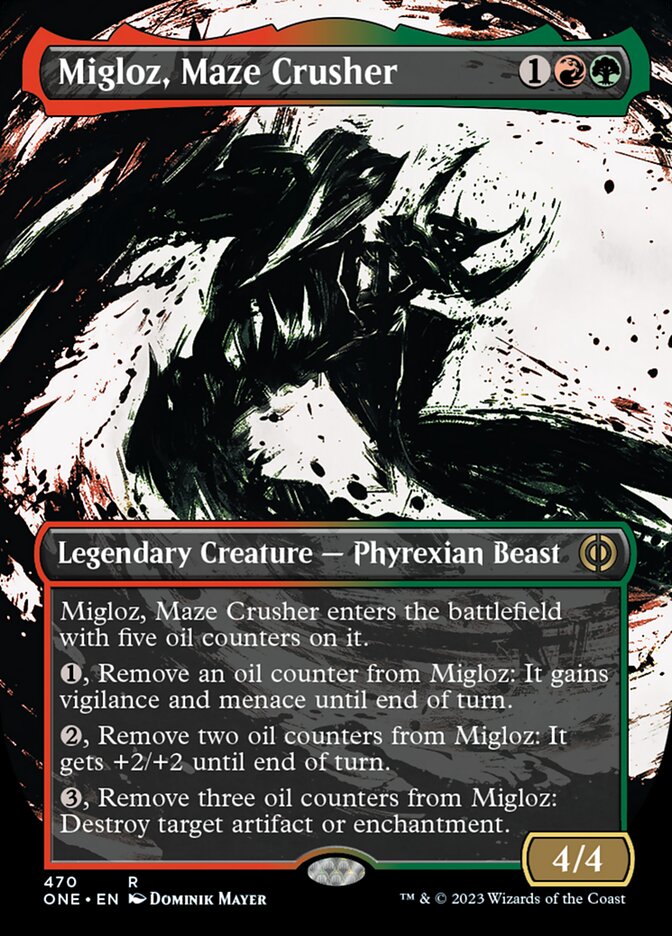 Migloz, Maze Crusher (Borderless Ichor Step-and-Compleat Foil) [Phyrexia: All Will Be One] | Total Play